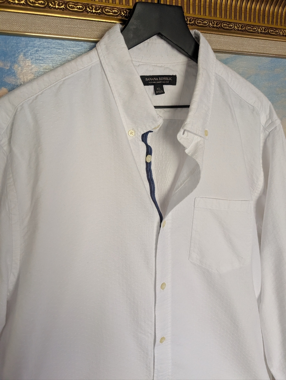 Banana Republic White Button-Down Casual Shirt with Navy Trim